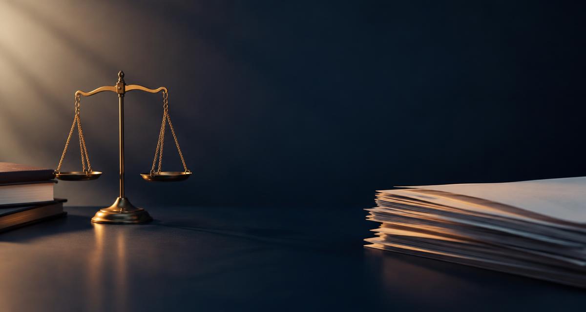 Brass scales of justice and documents on a dark desk